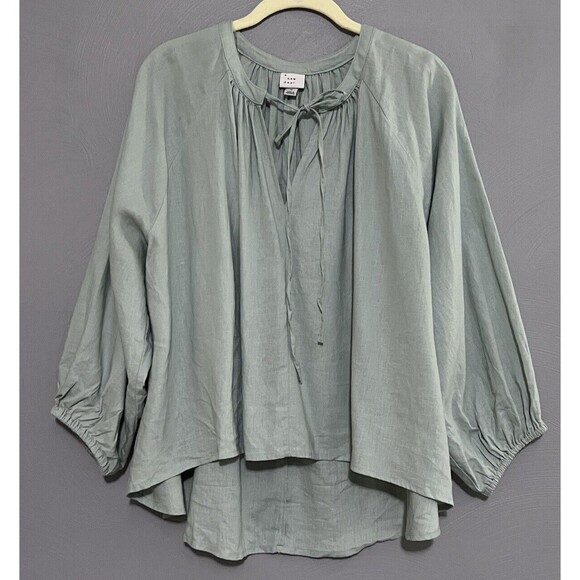 A New Day (Target) M Sage Green Blouse Top Linen Blend Oversized Comfort Tie - Picture 1 of 12